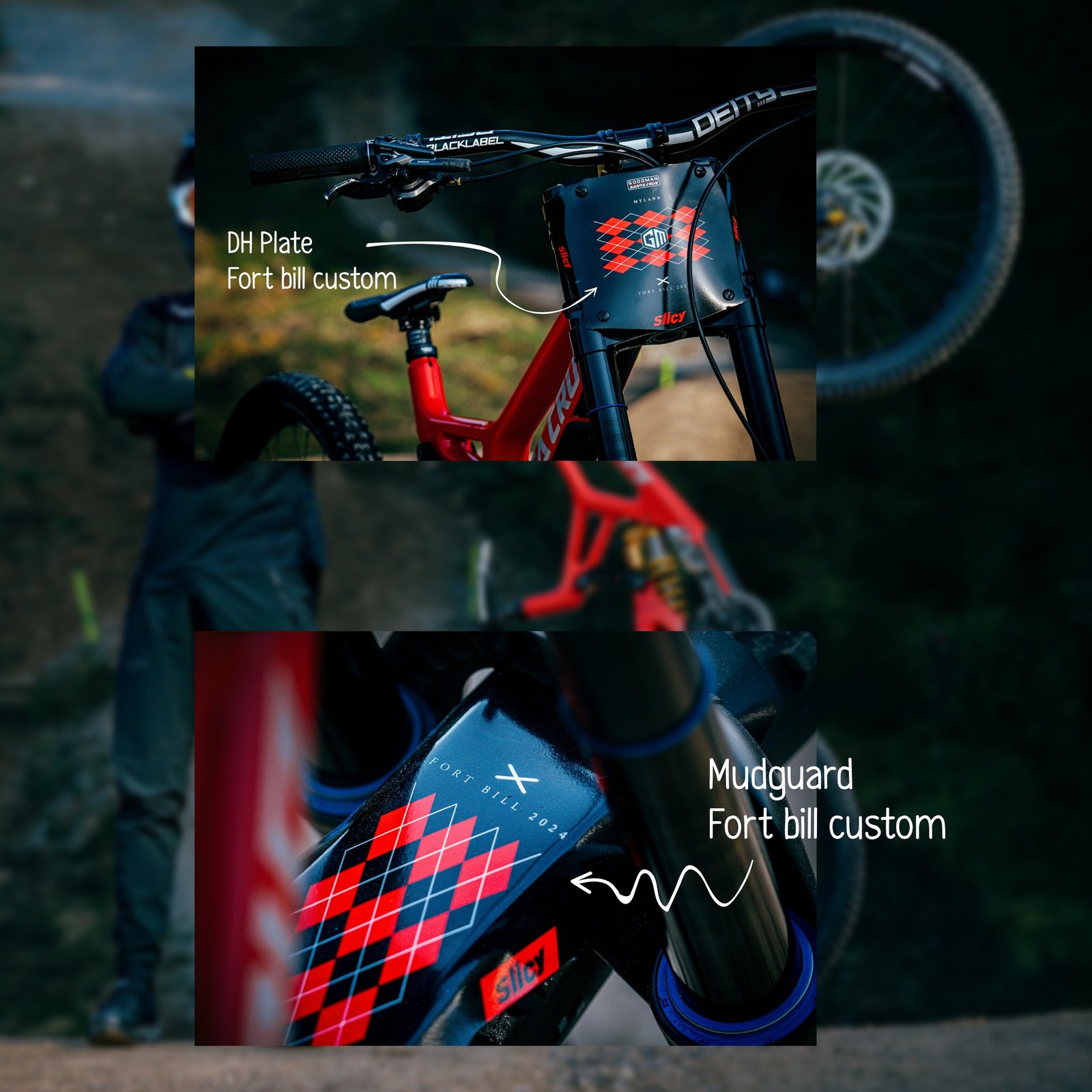 Mudguard et plaque de descente personnalisés Slicy sur vélo Santa Cruz Goodman, équipe UCI DH.