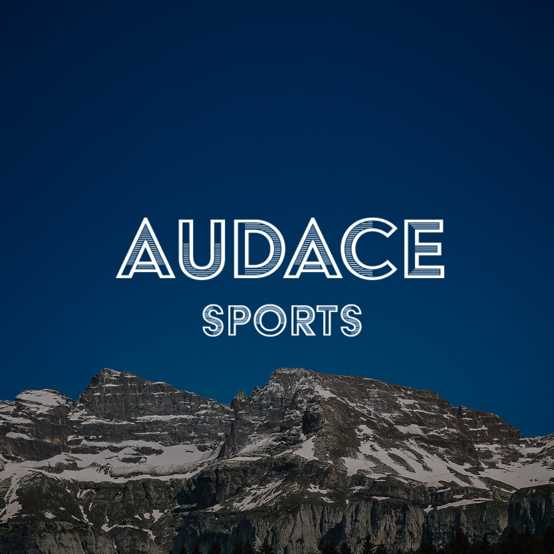 Logo Audace Sports devant un panorama alpin, illustrant l’ambition outdoor et la performance.