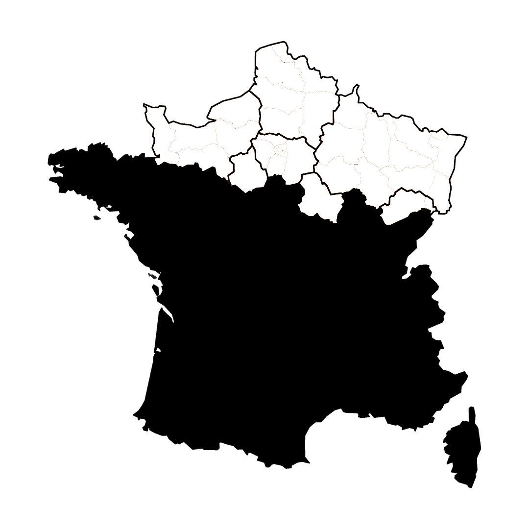 Carte de France montrant les régions du nord en blanc (Île-de-France, Hauts-de-France, Normandie, Grand Est) représentant une zone de distribution des marques Audace Sports par Cycling and Sports.