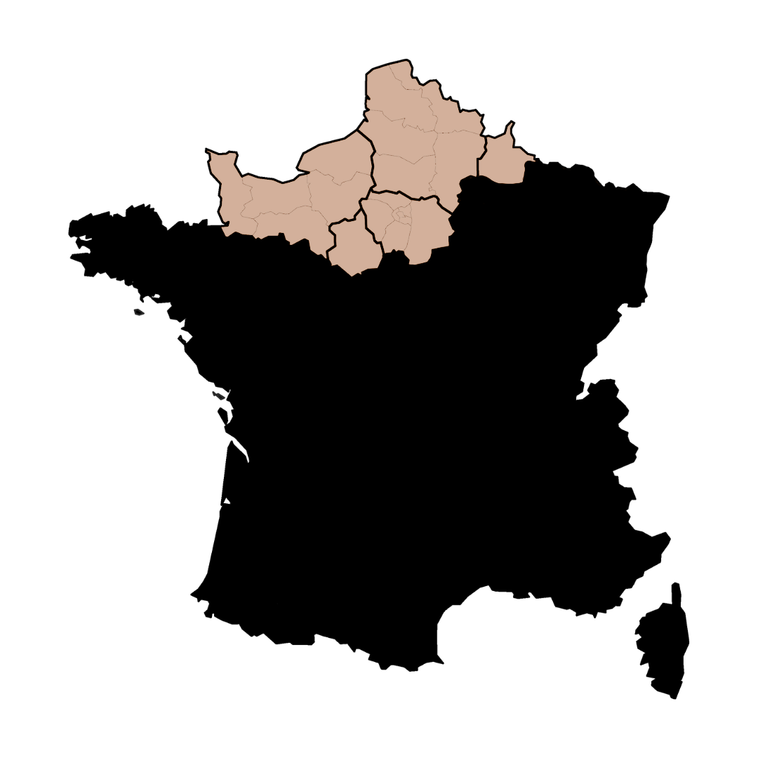 Carte de France avec les régions Île-de-France, Hauts-de-France et Normandie en jaune, illustrant la couverture régionale de la marque Elvish assurée par Cycling and Sports.