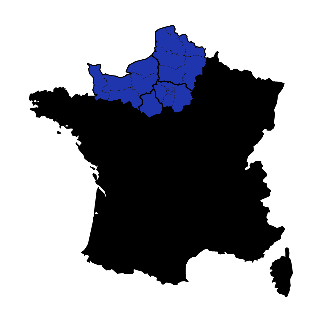 Carte de France mettant en évidence les régions Île-de-France, Hauts-de-France et Normandie en bleu, représentant la zone de distribution de Morgan Blue par Cycling and Sports.