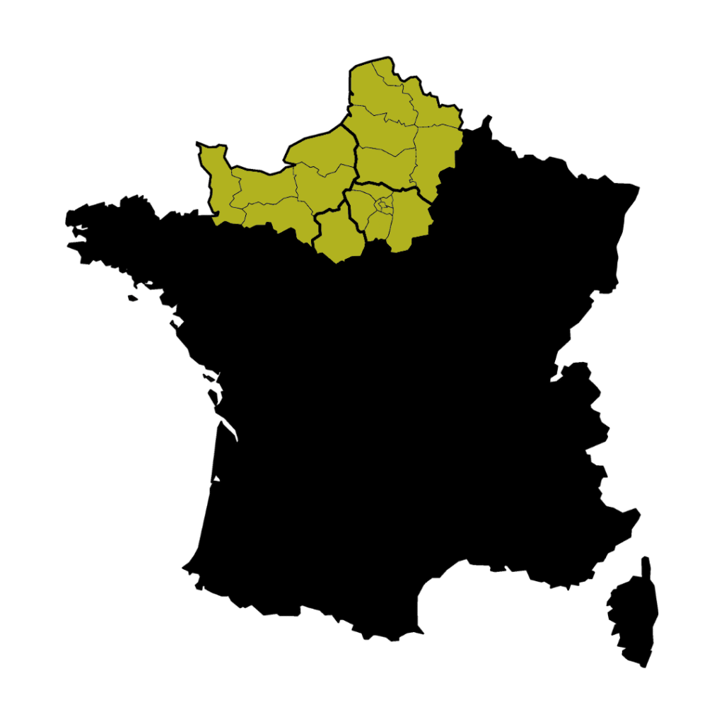 Carte de France avec les régions Île-de-France, Hauts-de-France et Normandie en jaune, illustrant la couverture régionale de la marque Quiver assurée par Cycling and Sports.