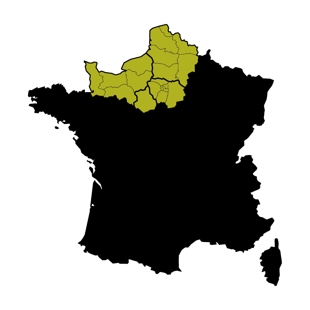 Carte de France avec les régions Île-de-France, Hauts-de-France et Normandie en jaune, illustrant la couverture régionale de la marque Quiver assurée par Cycling and Sports.