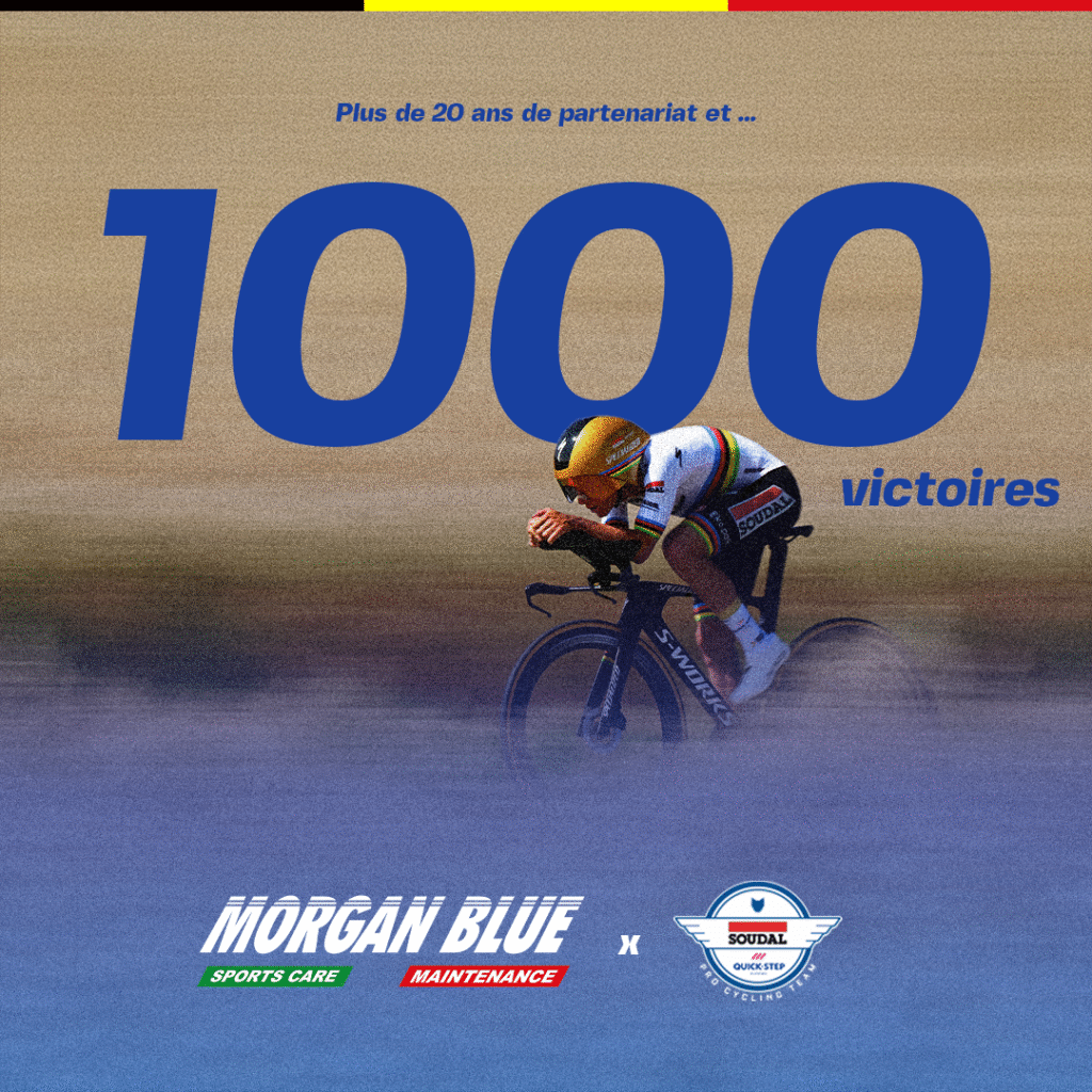 Affiche célébrant les 1000 victoires d'une équipe cycliste en partenariat avec Morgan Blue