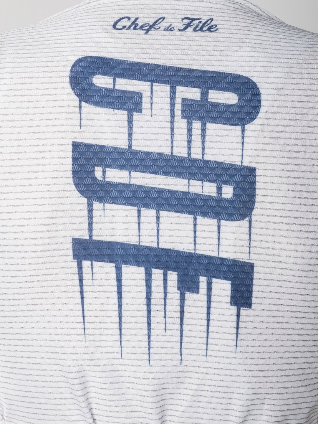 Gros plan sur logo CDF stylisé bleu sur tissu technique blanc, Chef de File