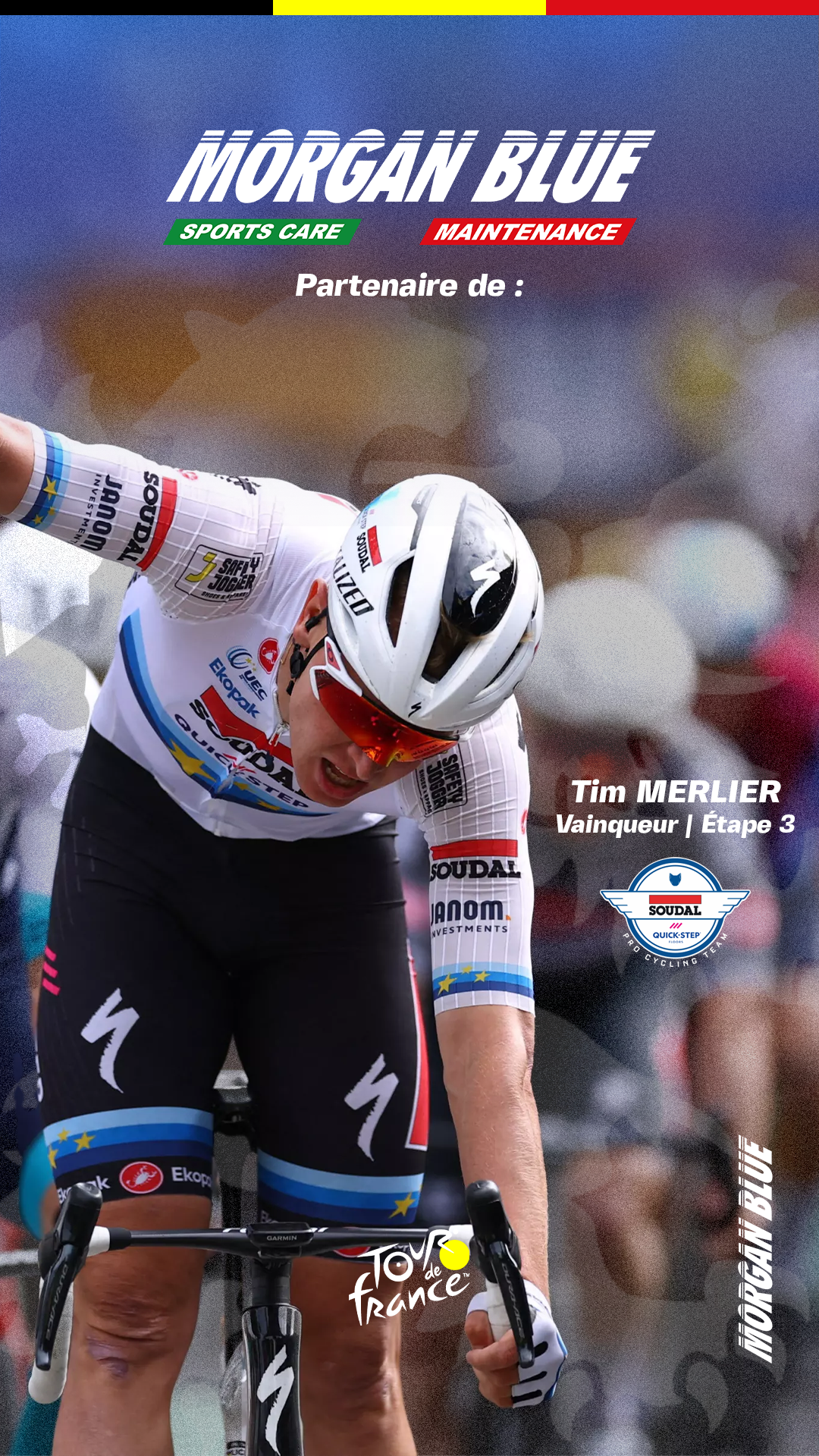 Tim Merlier franchit la ligne d’arrivée en vainqueur lors de l’étape 3 du Tour de France, équipe Soudal Quick-Step.