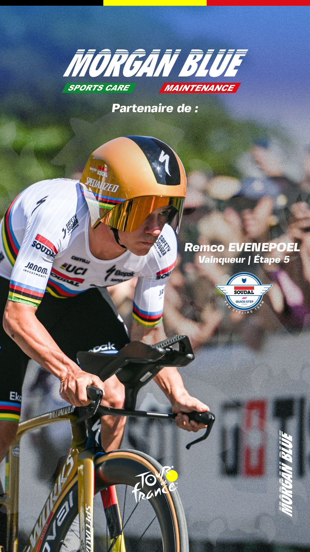 Remco Evenepoel remporte l’étape 5 du Tour de France avec un contre-la-montre pour Soudal Quick-Step et Morgan Blue.