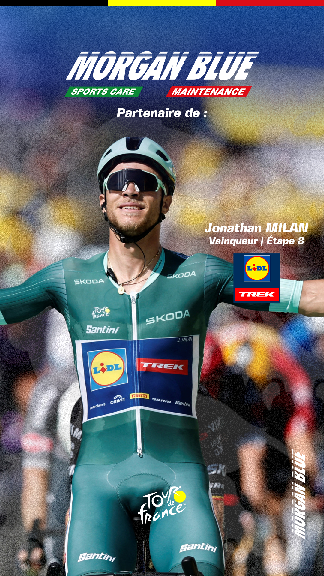 Jonathan Milan remporte l’étape 8 du Tour de France avec Lidl-Trek, soutenu par Morgan Blue.
