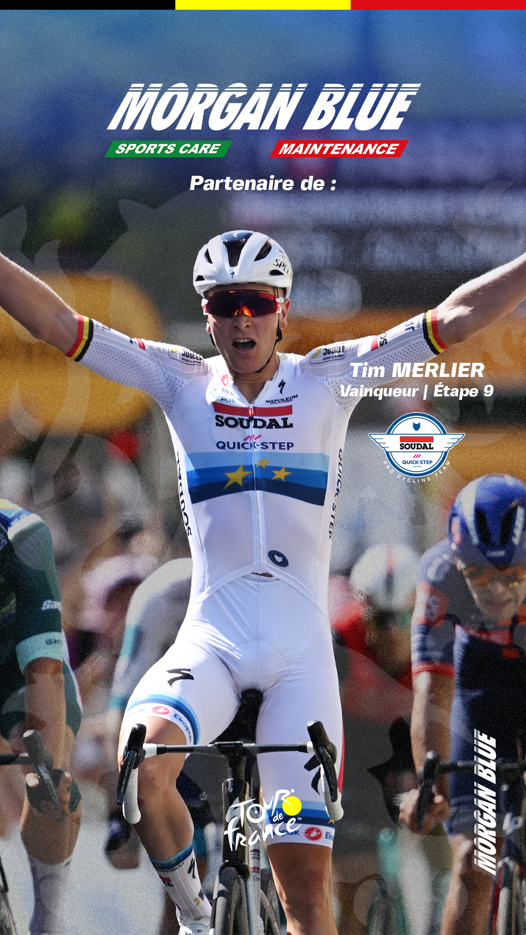 Tim Merlier célèbre sa victoire à l'étape 9 du Tour de France avec Soudal Quick-Step et Morgan Blue.