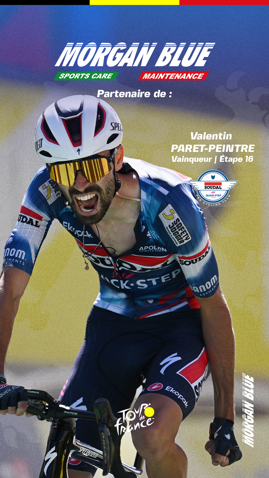 Valentin Paret-Peintre remporte l'étape 16 du Tour de France, soutenu par Morgan Blue et Soudal Quick-Step.