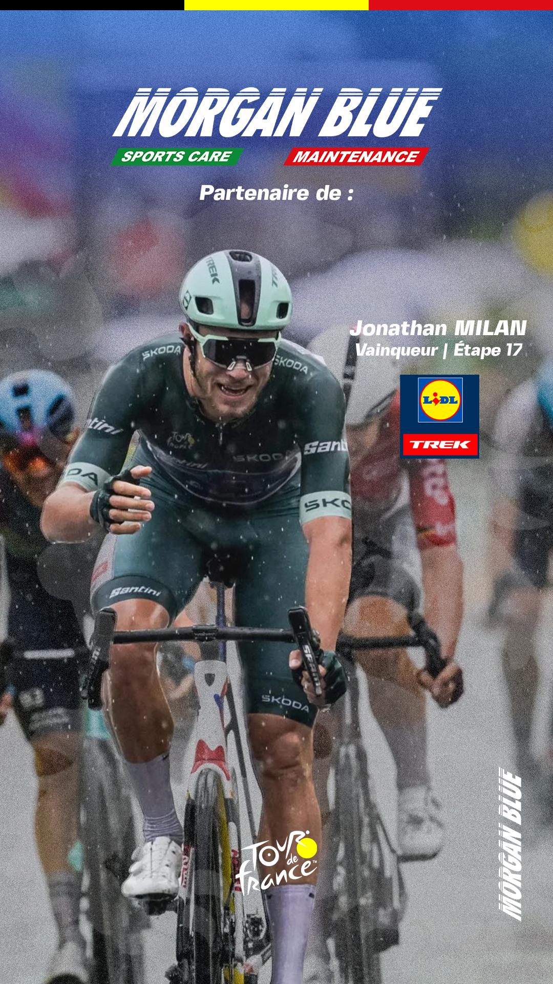 Jonathan Milan triomphe sous la pluie à l'étape 17 du Tour de France avec Lidl-Trek et Morgan Blue.