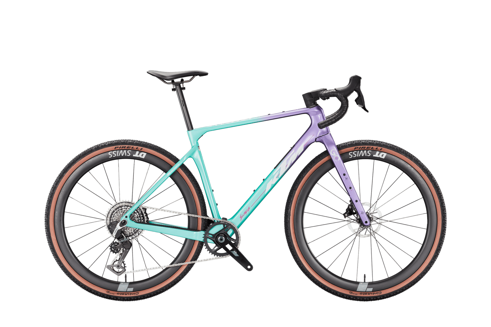 Vélo KTM Gravelator Prime avec dégradé violet et turquoise, cadre carbone performance