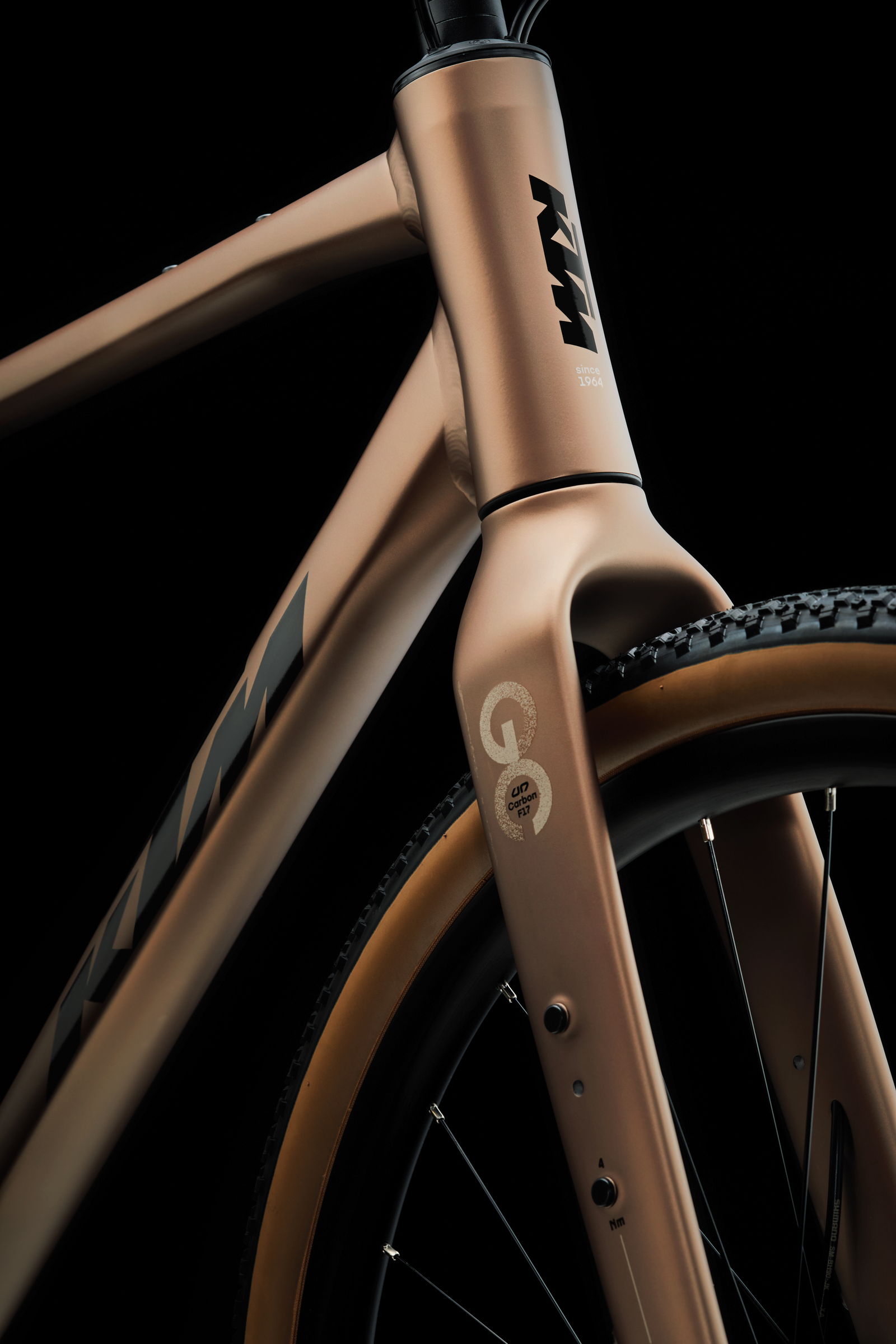Fourche et cadre du vélo KTM Gravelator 15 couleur bronze, vue avant détaillée avec logo Go Gravel et pneus larges pour le gravel.