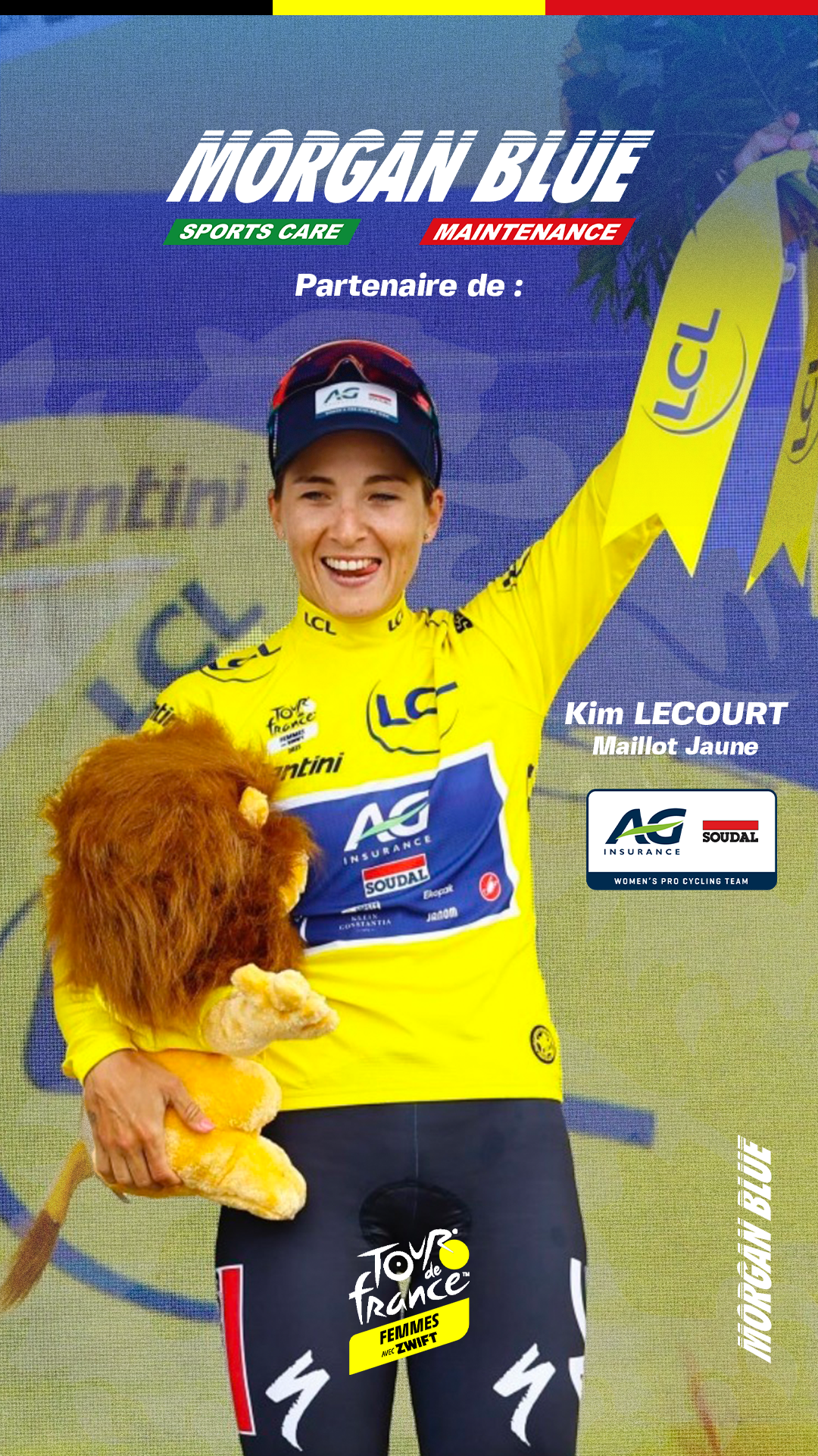 Kim LECOURT célèbre en Maillot Jaune après sa performance au Tour de France Femmes 2025 avec l’équipe AG Insurance - Soudal, partenaire Morgan Blue.