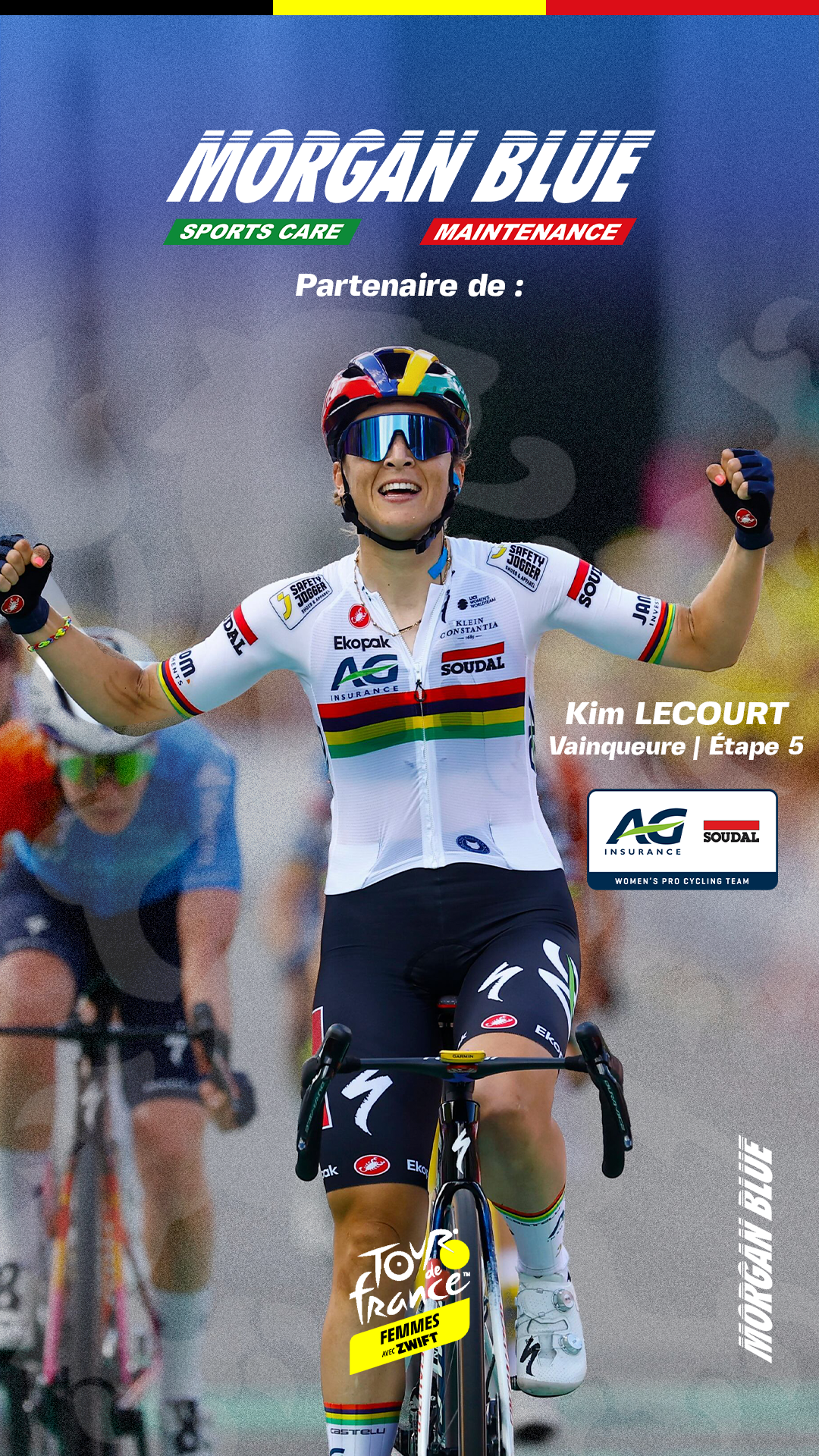 Kim LECOURT franchit la ligne d’arrivée en vainqueure de l’étape 5 du Tour de France Femmes 2025 avec l’équipe AG Insurance - Soudal, partenaire Morgan Blue.